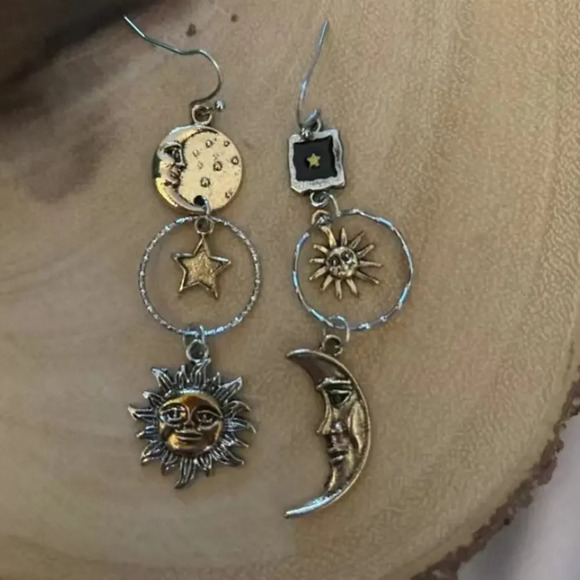 Sun Moon Stars Asymmetric Greek Mythology Handmade Creative Earrings - Picture 7 of 8